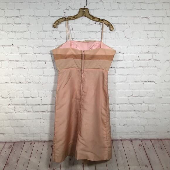 Vintage 60s Peach Blush Party Dress Ruffled Bodice Skinny Strap Front Bow M L - Picture 4 of 9